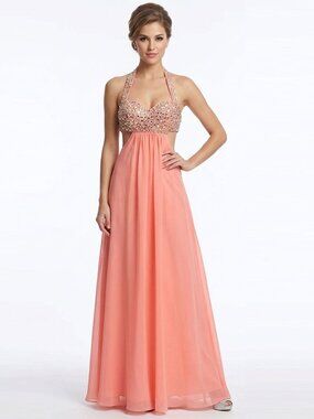 VTG Le Chateau Peach Beaded Evening Gown Y2K Halter Backless Maxi Dress Size 1/2